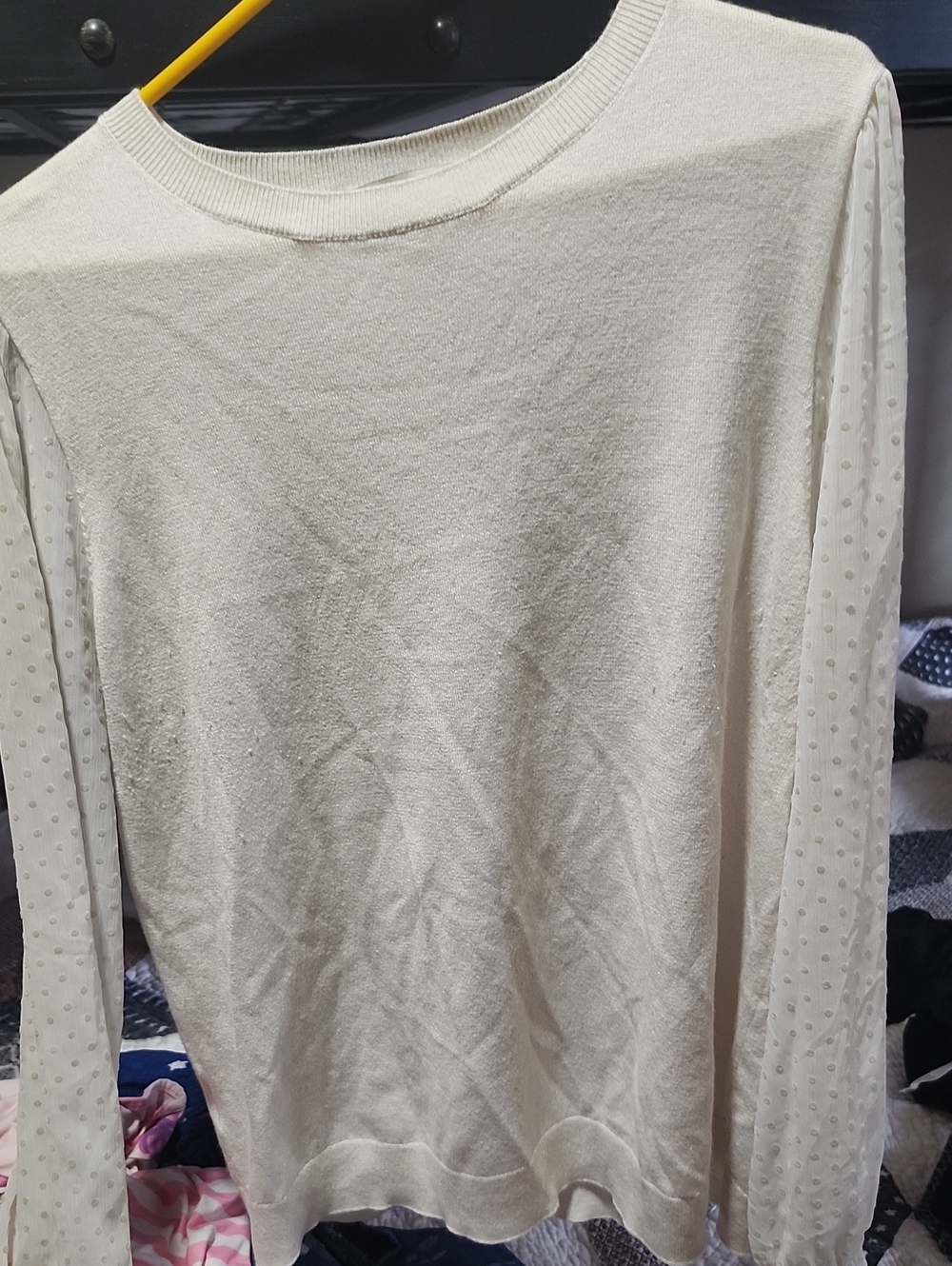 LOFT Cream Crewneck Sweater with Sheer Dotted Long Sleeves